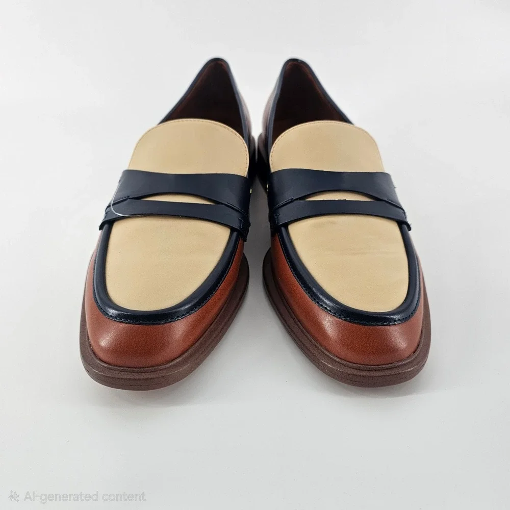 Franco Sarto Edith Penny Loafers Womens 8.5 Brown Navy Colorblock Preppy NWOB